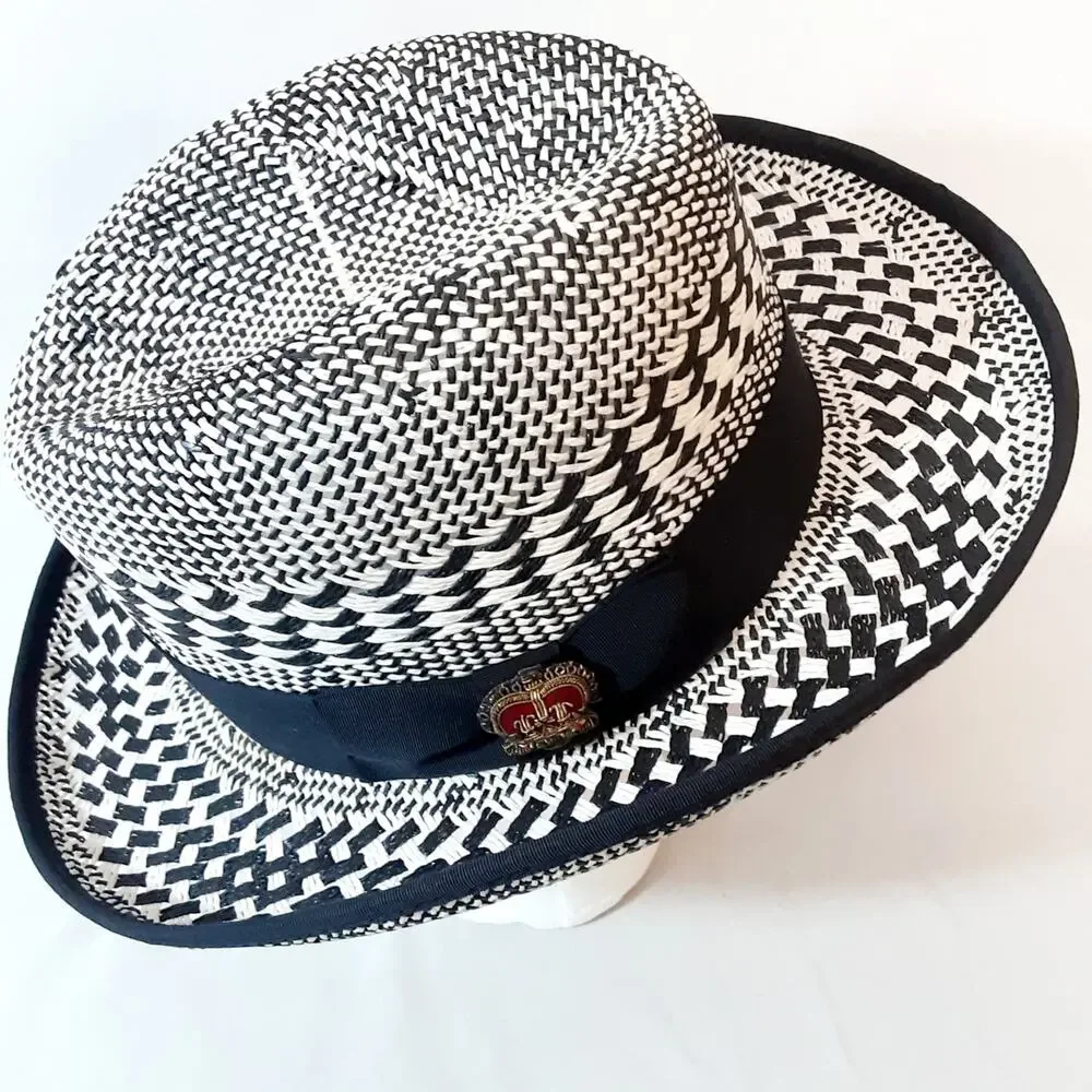 Men’s Black White Geometric Pattern Straw Panama Hat Made In USA Size Large